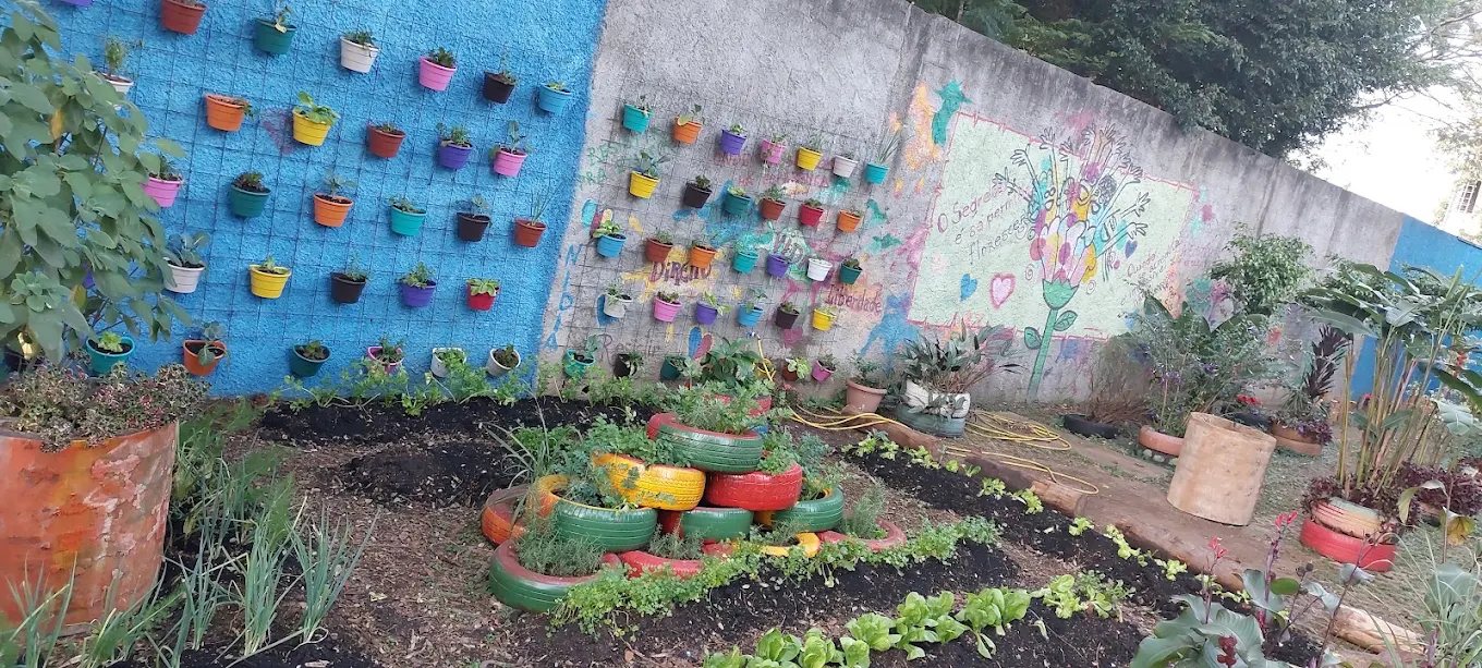 Horta cultivada no terreno da Casa Florescer, com canteiros e mudas.